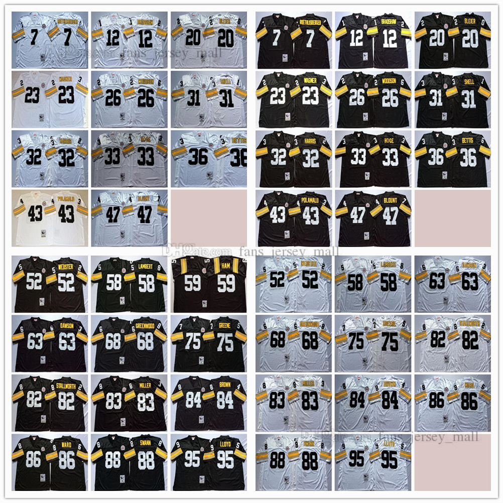 

NCAA Man Vintage Football 82 John Stallworth Jerseys 83 Heath Miller 84 Antonio Brown 86 Hines Ward 88 Lynn Swann 95 Greg Lloyd Good Color Black White, Same as picture