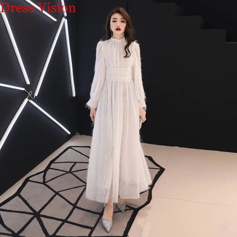 

2021 Evening Dresse Elegant High Collar Long Sleeves Party Gowns Floor Length Robe De Soiree, White