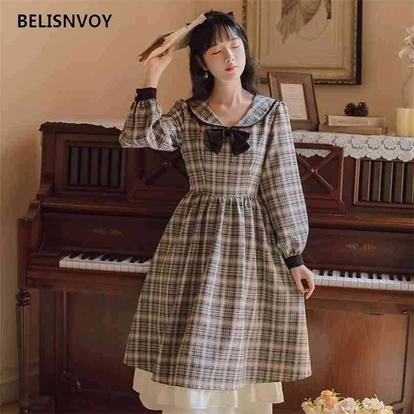 

French Retro Style Spring Autumn Women Midi Dress Peter Pan Collar Bow Plaid Vintage Elegant Ruffles A-line 210520, Clear