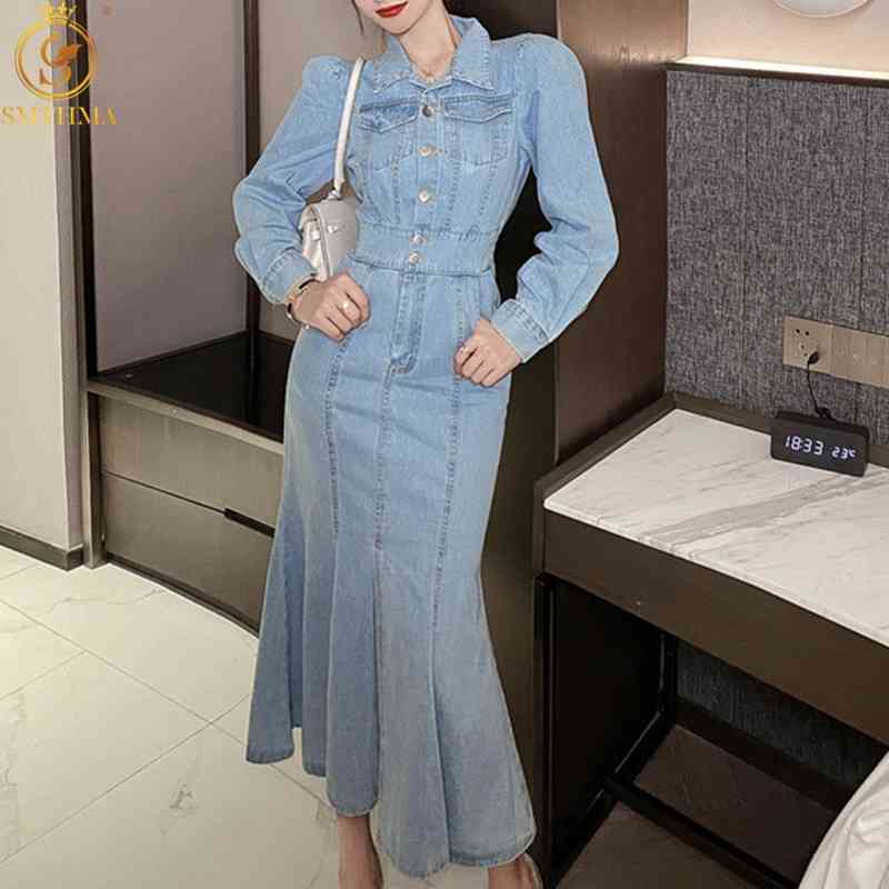 

Spring Vintage Elegant Long Denim Dress Female Slim Single-Breasted Trumpet Mermaid Women's Robe 210520, Photo color