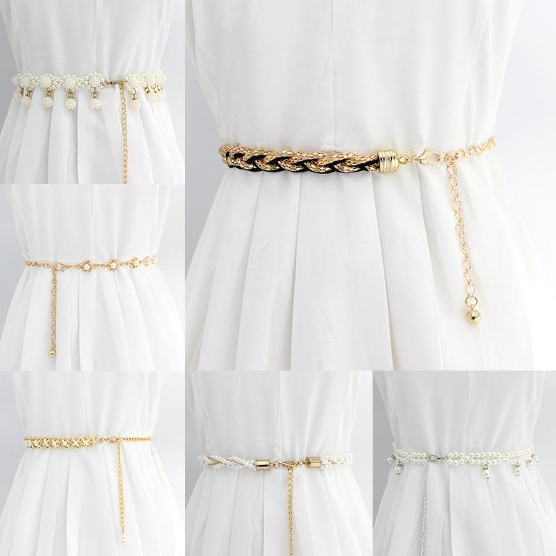 

Belts Fashion Simulated Pearl With Alloy Chain Elegant Thin Waistband Metal Decorative Ladies Clothing Skirt Accessories, Black