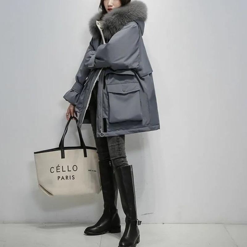 

Women's Down & Parkas Real Fur White Duck Jacket Women Warm Parker Medium And Long 2021 Loose Thickened Korean Fashion Big Pocket Coat, Black without fur