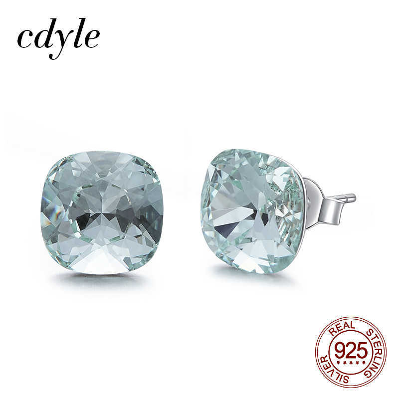 

Cdyle 925 Sterling Silver Earrings Square Aquamarine Austrian Crystal Earrings for Women Tiny Simple Wedding Jewelry Gift 210609