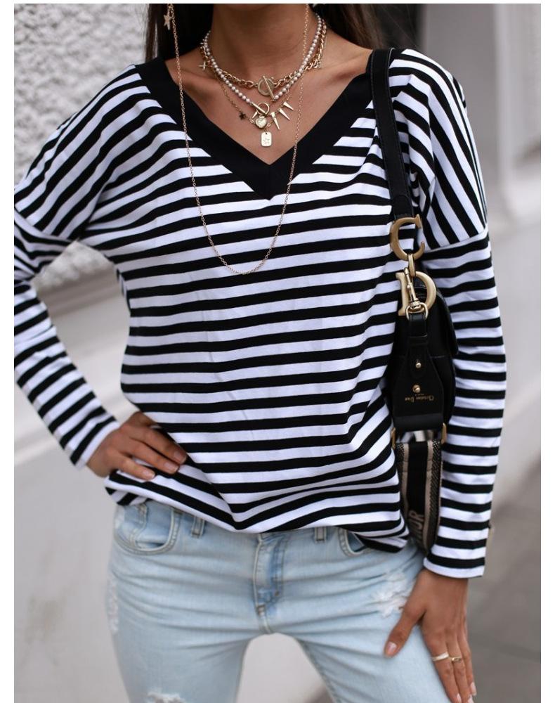 

Women's T-Shirt Women Spring Autumn Backless T Shirt Casual Style Long Sleeve V Neck Striped Pullover Loose Fashion Trendy Daily Wear Home, White