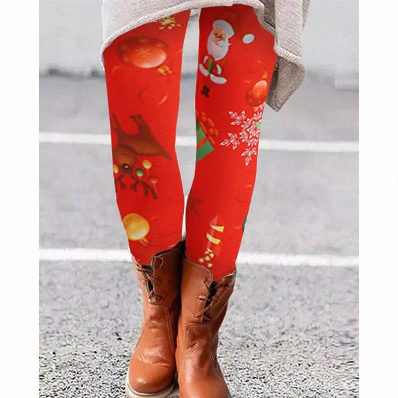 Women's Casual Tights Knitted Print Full Length Pants Christmas Gifts Casual Stretchy Christmas Deer Soft Mid Waist Skinny Red One-Size T9gD#