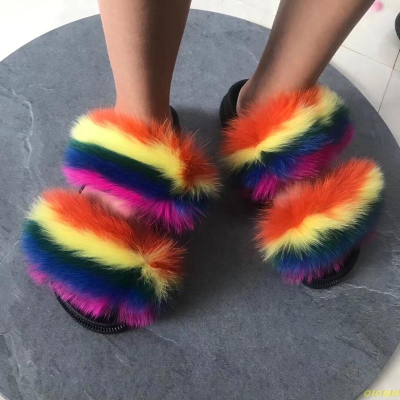 

Leopard Women Fur Slippers Real Slides Fashion Furry Woman Fluffy Home Luxury Indoor Shoes Wholesale, Black