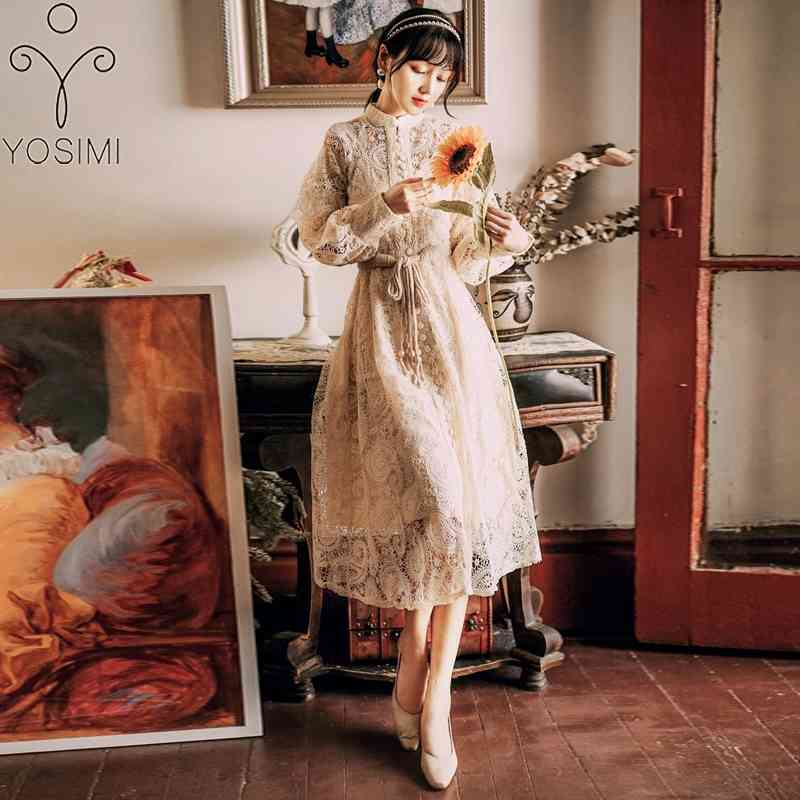 

YOSIMI Summer Khaki Lace Long Women Dress Elegant Vintage Stand-neck A-line Mid-calf Evening Party Sleeve Female 210604
