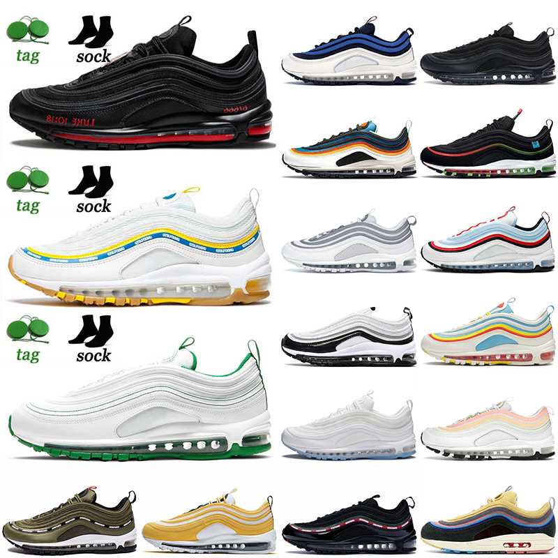 

2021 Top Quality Mens Women Running Shoes 97s Womens Barely Volt Atomic Pink White Off Pine Green Trainers MSCHF Satan Worldwide Undefeated Sports Sneakers, #a25 black yellow 40-45