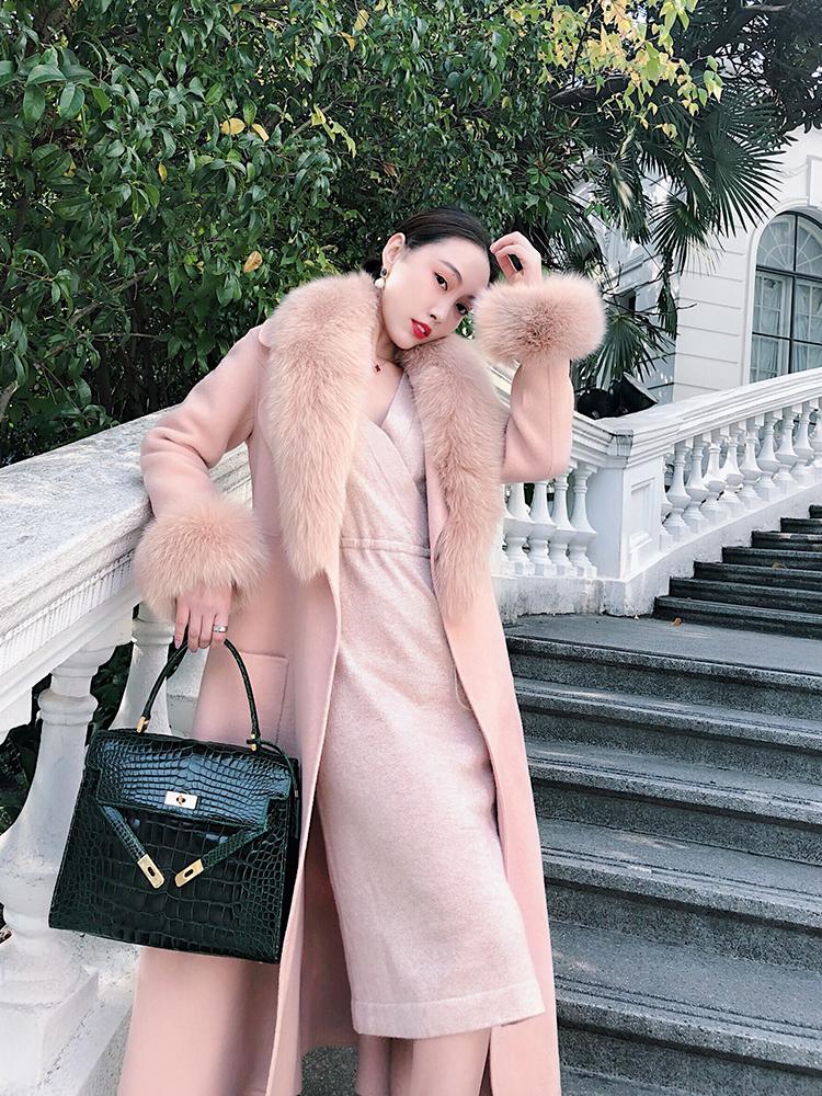 

Women' Wool & Blends Rf2046 Arrival Pink Hand Sewed Woman' Coat Real Fur Collar Cuffs Natural Double Faced Woolen For Ladies