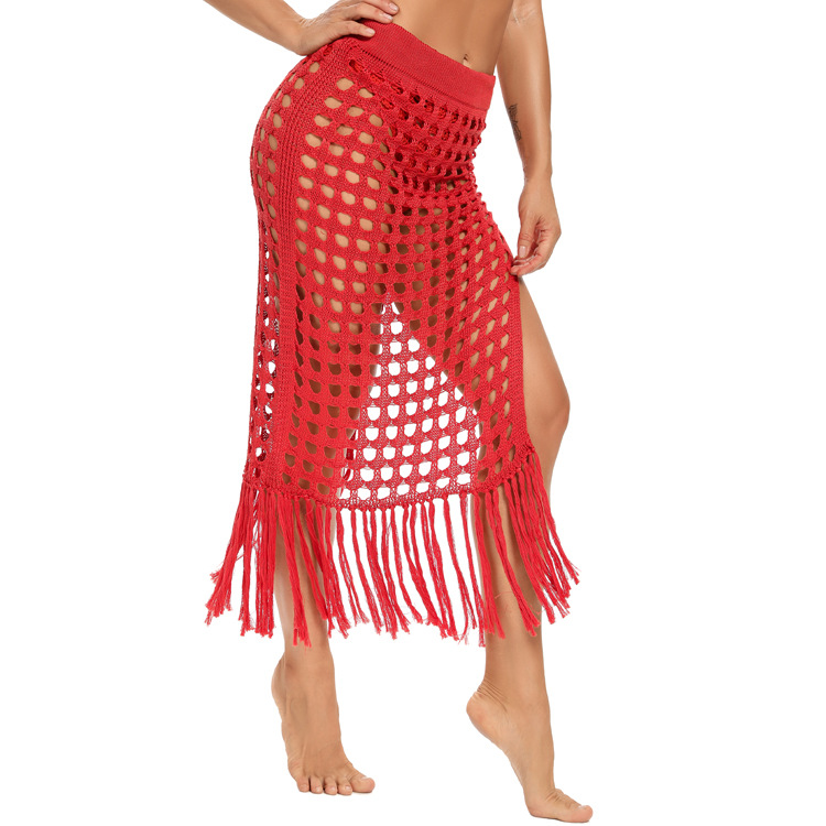 Women Swimwear Beach Crocheted Cover Ups Knitted Tassel Hollow Out Skirt-image-701081483