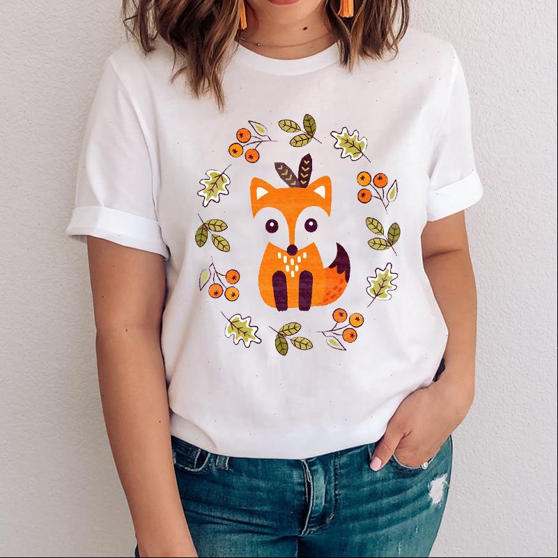 

women t shirts graphic fashion cartoon 90s trend clothing fox animal clothes lady tees print female tshirt shirt, White