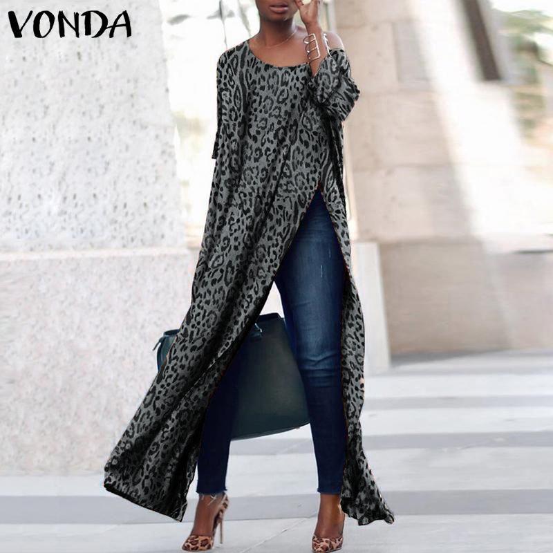 

Casual Dresses VONDA 2021 Autumn Long Sleeve Party Maxi Leopard Print Women Dress Sexy High Split Club Vestidos Femme Robe 5XL, Beige