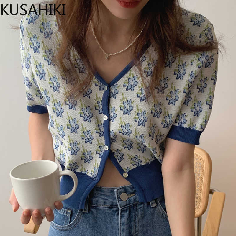 

KUSAHIKI Korean Chic Summer Hit Color Floral Knitted Cardigan Single Breasted Short Sleeve V-neck Knitwear Women Tops 6H417 210602, Blue