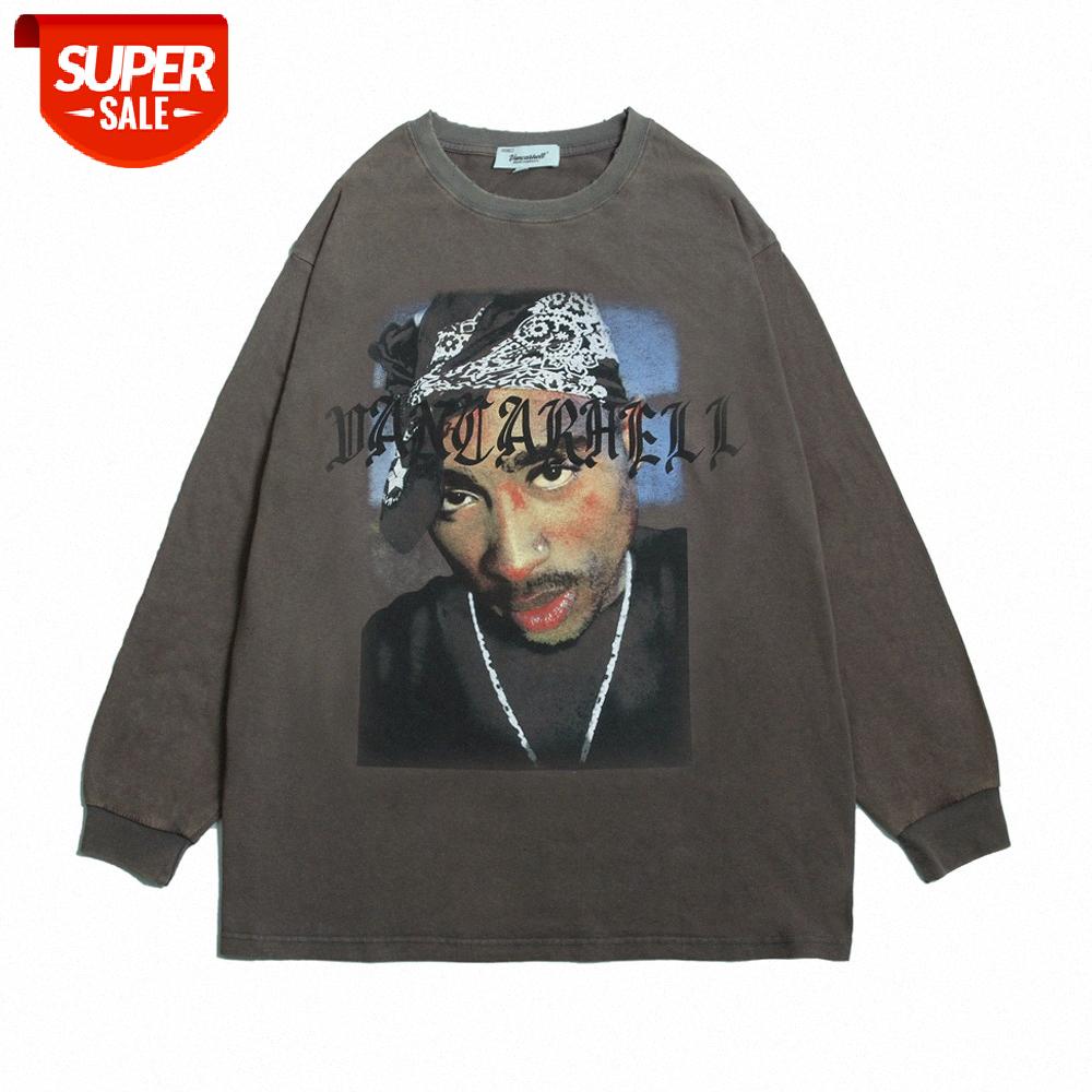 

Character printing long-sleeved t-shirt men's washed and worn loose round neck Merry pullover bottoming shirt #dN7I, White;black