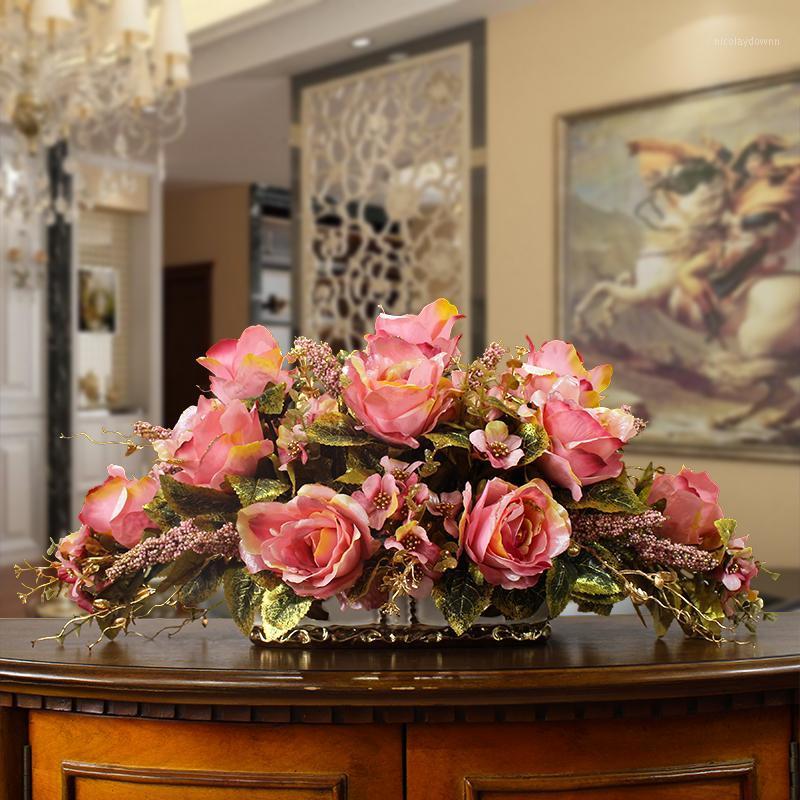 

Vases European Ceramic Vase+Artificial Flower Set Decor Home Furnishing Crafts Decoration Livingroom Silk Rose Fake Flowerpot Ornament