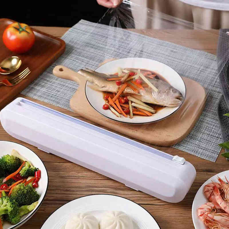 Plastic Wrap Dispensers Punch-free Fixing Food Wrap Dispenser Cutter Foil Cling Film Sharp Cutter Storage Holder Kitchen Tool-image-694047908
