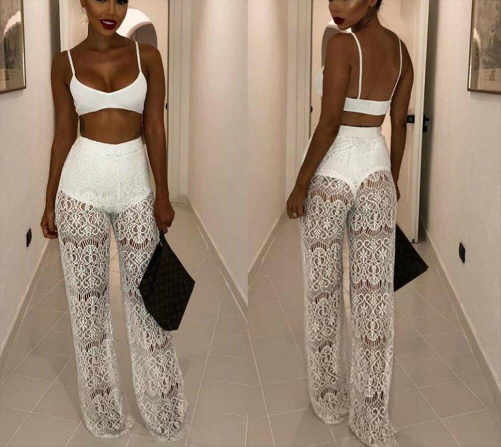 

solid color jumpsuit romper womens pants sleeveless playsuit clubwear trousers wide outfit sling openwork perspective set, White
