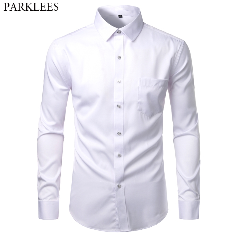 

Mens White Bamboo Fiber Dress Shirts Slim Fit Wrinkle Free Casual Shirt Chemise Non Iron Easy Care Elastic Wedding Working Shirt 210708, Light blue