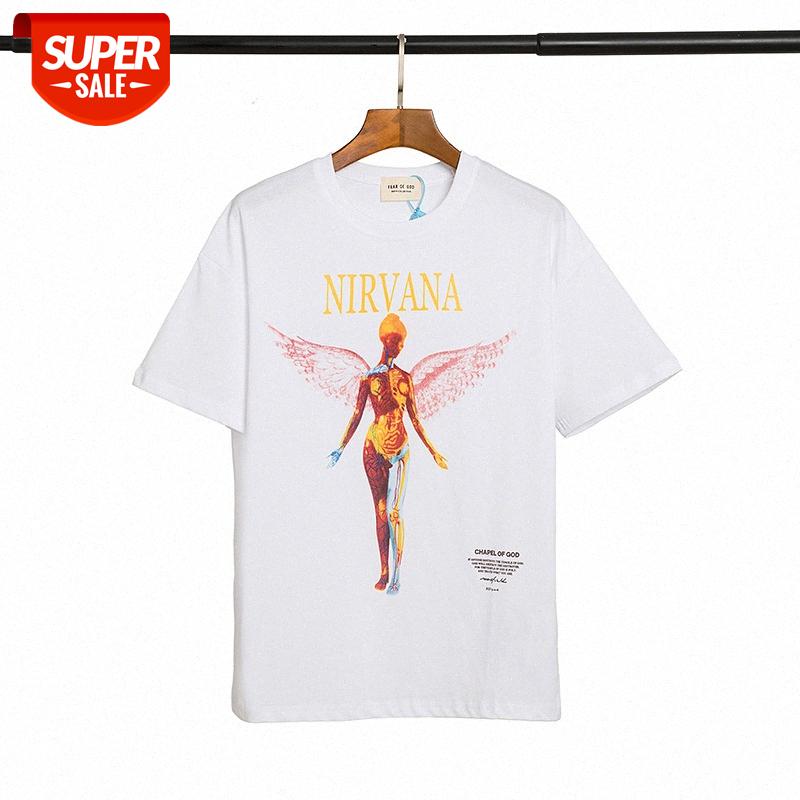 

FEAR OF GOD Kanye rock style Nirvana Angel print short-sleeved T-shirt FOG men and women couple loose half-sleeved T #B638, White