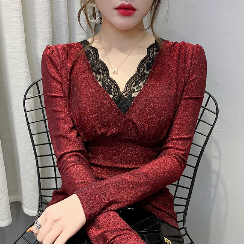

Fashion Woman Blouses Sexy Lace V-neck Blouse Women Shirt Women Tops Long Sleeve Blouse Women Womens Tops And Blouses C629 210602, Black