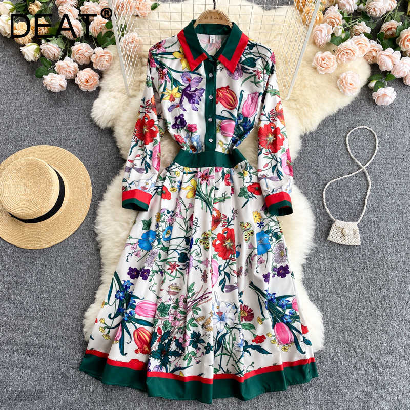 

DEAT Women Printing Midi-long Dress Lapel Long Sleeve Arrivals Lady Temperament Fashion Spring Summer 11D1142 210709, Color