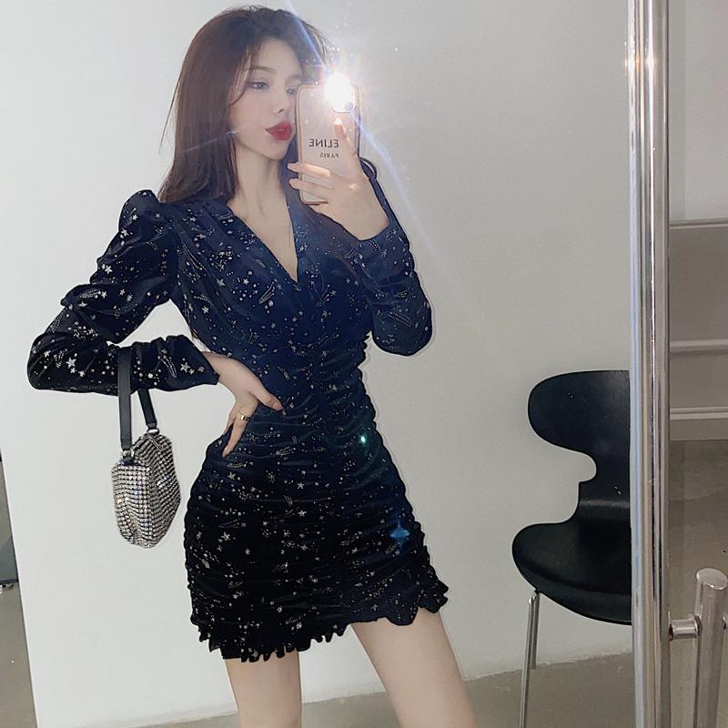 

Lucyever Vintage Velvet Long Sleeve Dresses Women Elegant Bling Stars Print Mini Dress Woman Sexy V-neck Pleated Party Casual, Black;gray