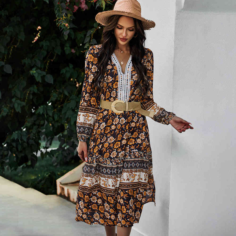 

Arrival Long Dress Women Spring Summer Vintage Floral Print Dress Long Sleeve Woman Clothes Elegant Ladies Beach Dress 210521, As picture