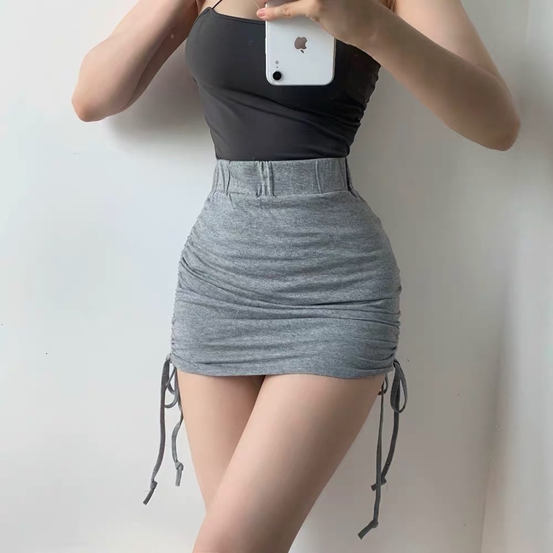 

Summer high-waist with women's cordon plied high mini thin-fit gray buttocks skirt short isinbobo, Black