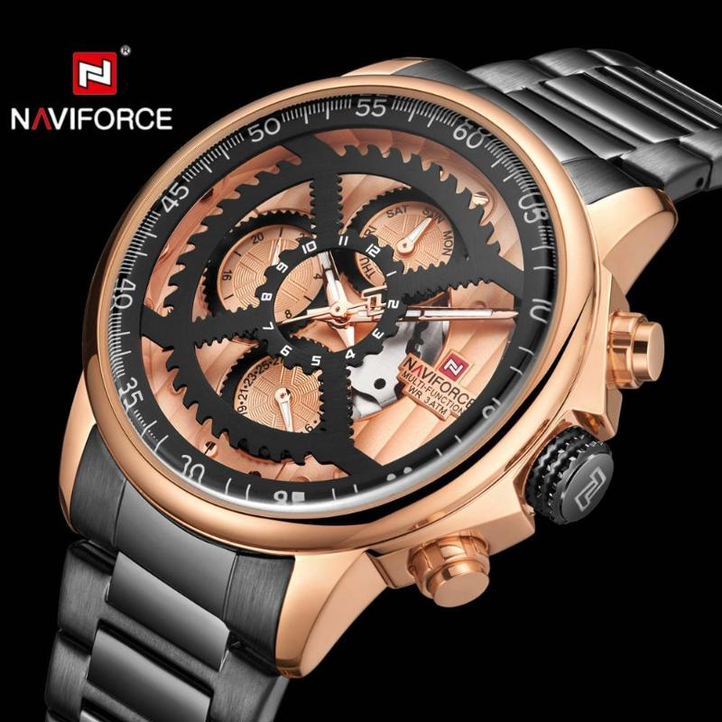 

Wristwatches NAVIFORCE Top Quartz Watch Men 24H Calendar Stainless Steel Strap Fashion Analog Clock Man Wristwatch Waterproof, Slivery;brown