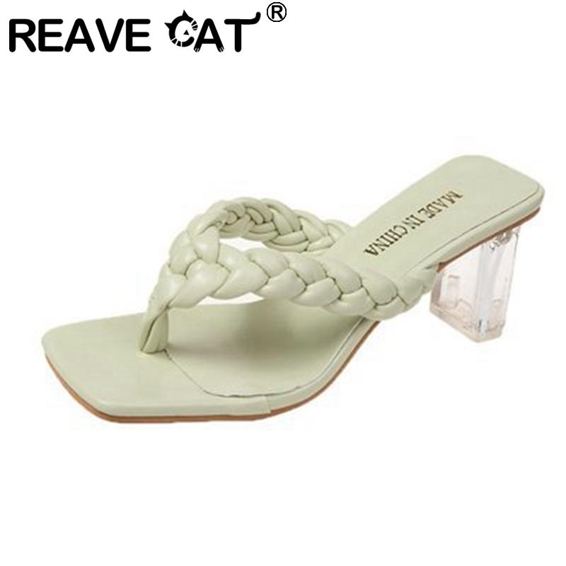 

CAT 2021 Ladies Sandals Clip Toe 8cm High Block Heels Transparent Soft Slip-On Big Size 42 Casual Date White A3568, Black