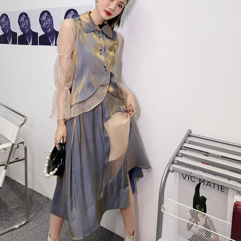 Two Piece Dress Small Fragrance Fashion Runway Design Glitter Set Women Long Sleeve Shirt Blouse Tops + Skirts Sets Ladies Suits W-image-706088935