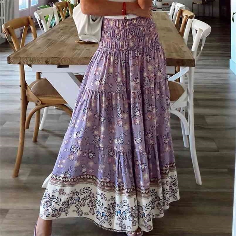 

Summer Women's Printing Skirts Elastic High Waist Long Skirt Floral Pleated A-line Boho Chic Mujer Maxi 210708, Purple