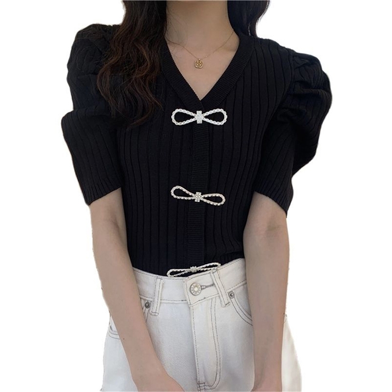 

summer Korean version of chic bowknot button short V-neck knitted cardigan short-sleeved top women's clothing 210520, Blue