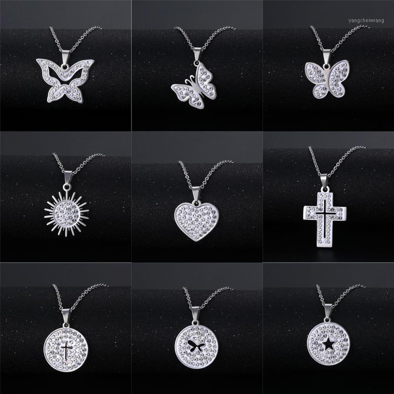 

Chains Heart Butterfly Cross Sun Pendant Stainless Steel Necklace Rhinestone Chain Choker Necklaces For Women Valentine's Day Gifts