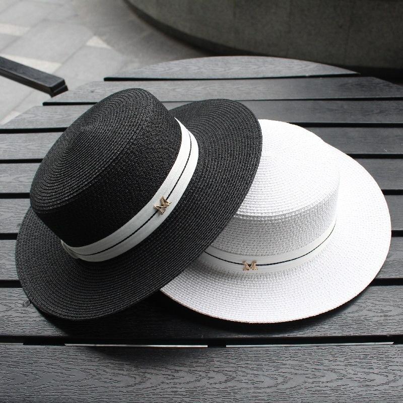 

Wide Brim Hats 2021 M Letter Flat Top Straw Hat Ribbon Boater Beach Women's Summer Fedora Panama Travel Sun Cap, White