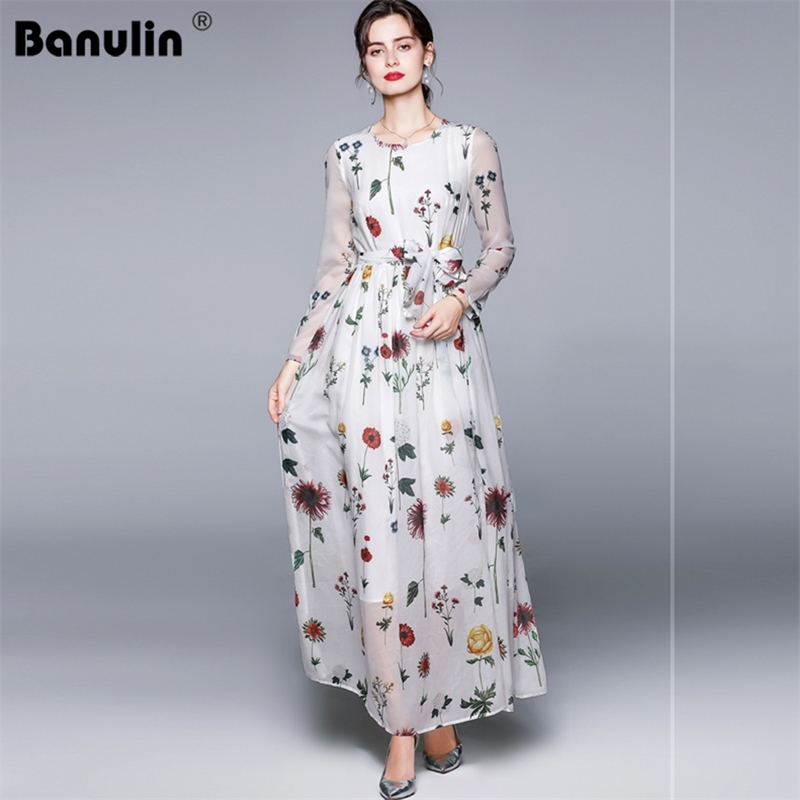 

Banulin High Quality Fashion Runway Beach Long Dress Women's Sleeve Casual Floral Printing Chiffon Boho 210603, White