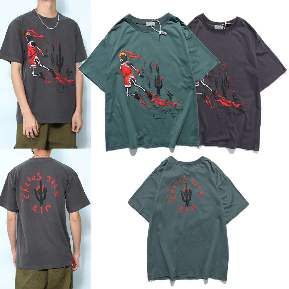 

Travis Scott co branded TS short sleeve make old flame dunk loose hip hop t-shirt men's summer trend, Gray