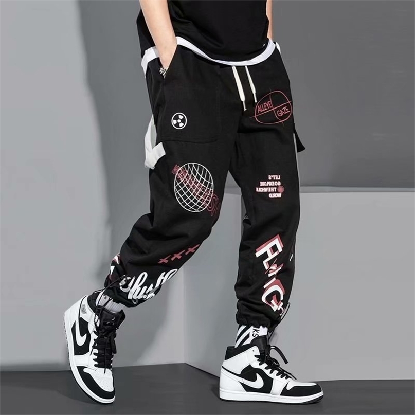 

Mens Fashion Cargo Pants Handsome Pattern Print Loose Streetwear Trousers Plus Size Male Casual Jogger Pants Sweatpants 211110, Black