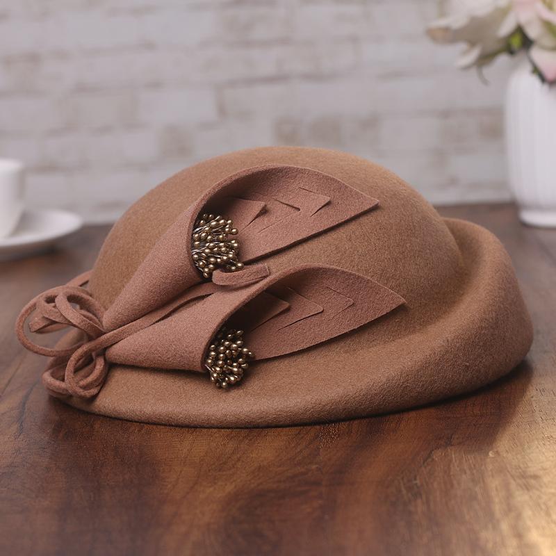

Beanies Women Winter 100% Wool Beret Cocktail Pillbox Cap Church Headpiece Party Headwear Flower Cloche Hat Felt Fascinator
