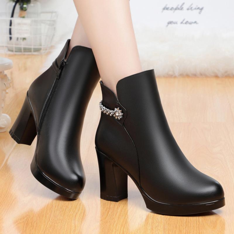 

Boots Italian Brand Designer Women's Leisure Ankle Sexy Ladies High Heels Boot Warm Plush Cow Leather Winter Shoes Botas Mujer, Black