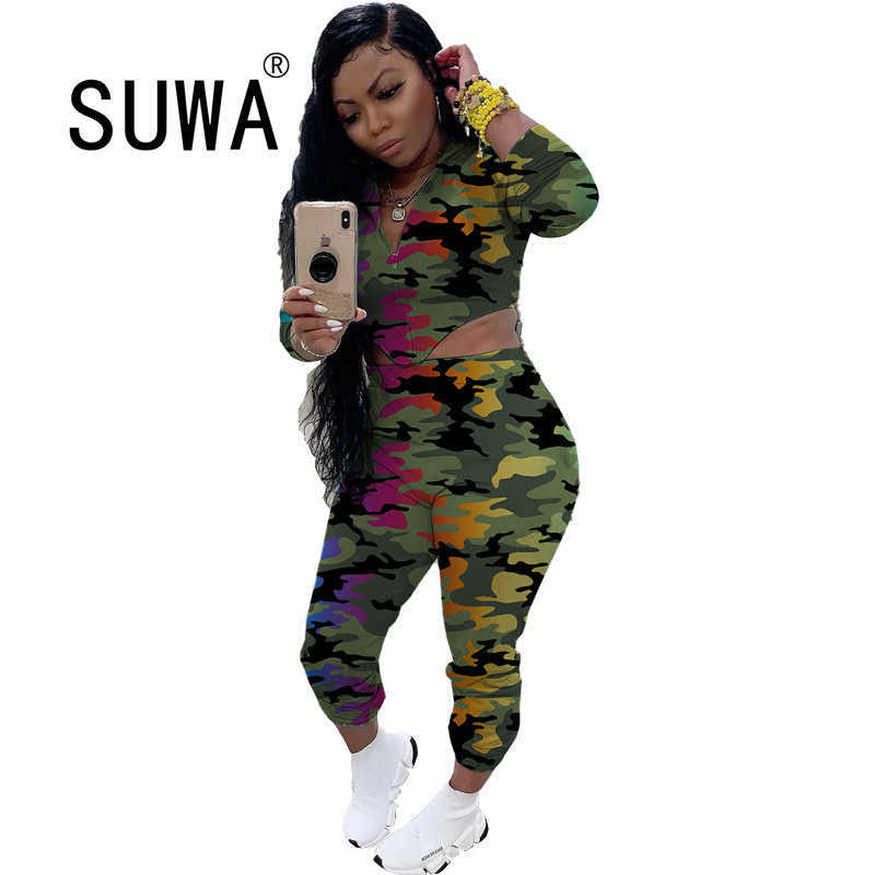 

High Waist Joggers Pants Trousers + Jumpsuit Romper Short Camouflage Womens Tracksuit Sets Cool Girl 2 Pieces 210525, Multi