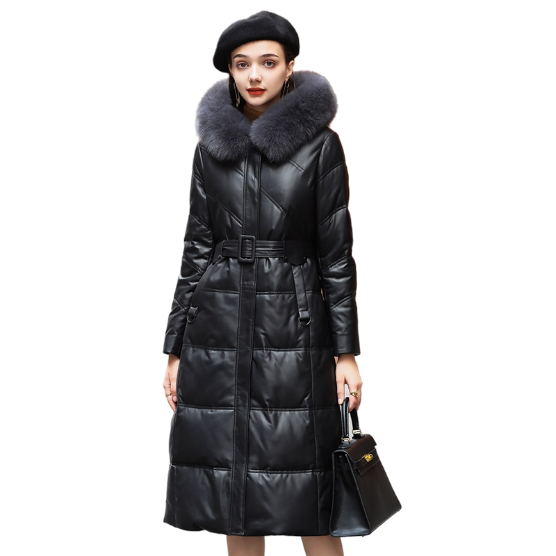 

Women's Leather & Faux Hooded Down Jacket Padded Parka Women Winter Sheepskin Fur Overcoat Female Slim Warm Long Coats Belt, 034a black
