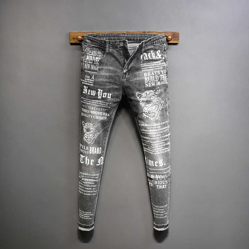 

Streetwear Fashion Men Jeans Retro Gray Elastic Cotton Slim Fit Printed for Night Club Hip Hop Denim Punk Pants Homme T3S1