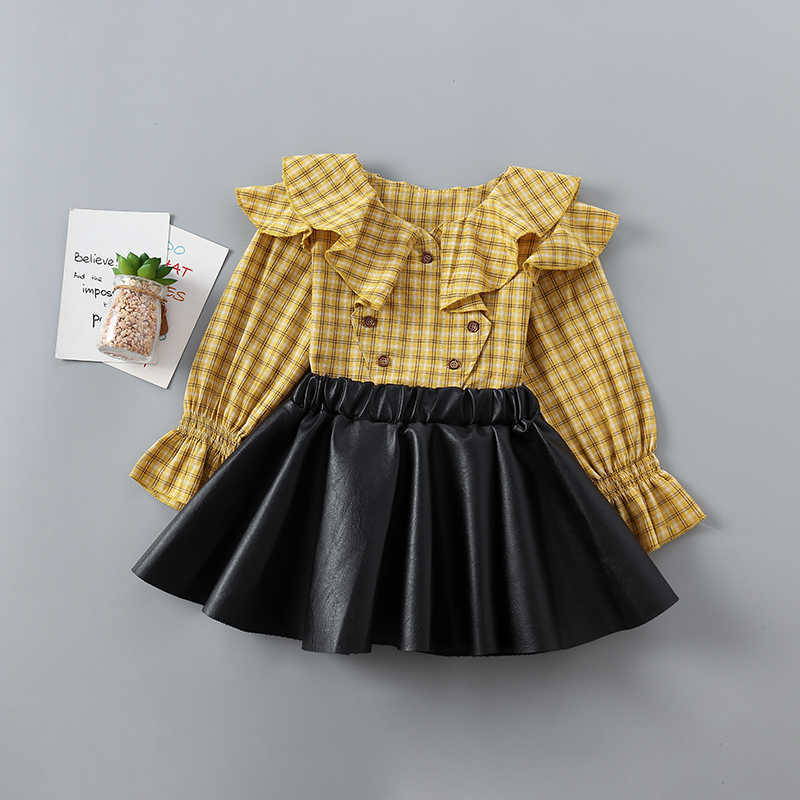 

2-7 years high quality girl clothing set spring autumn fashion plaid shirt + leather skirt kid children girls 210615, Green