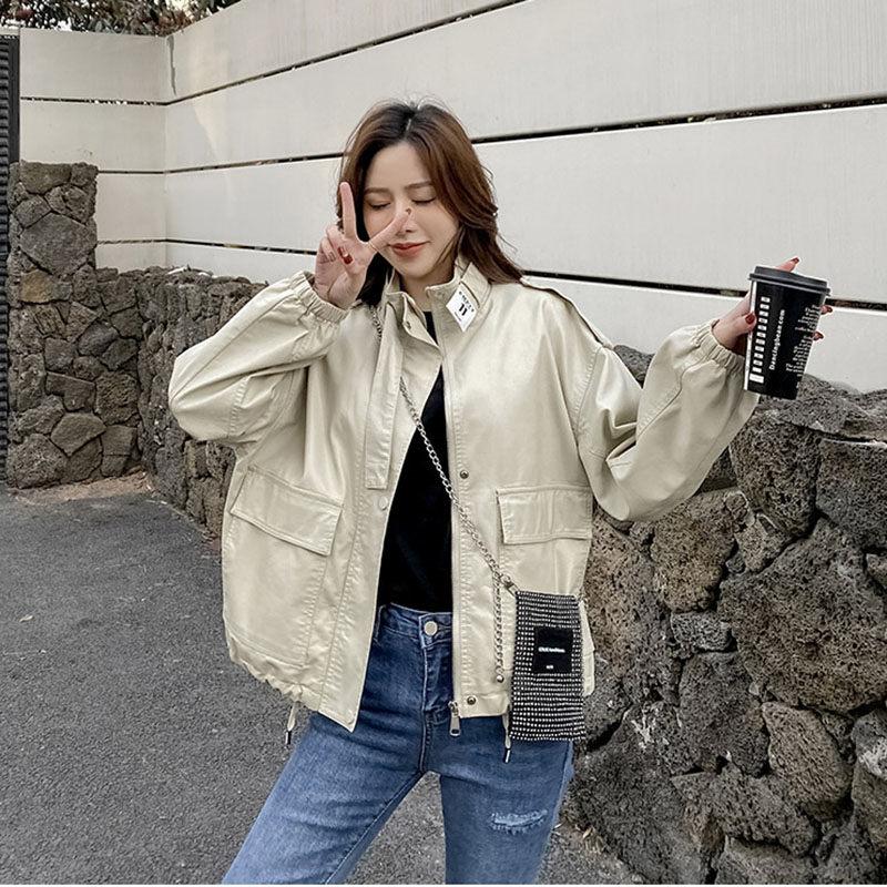 

Women's Leather & Faux Stand Collar Autumn Woman's Pu Jackets Casual Ladies Coats Basic Plus Size Female Jacket With Pockets E089, Beige