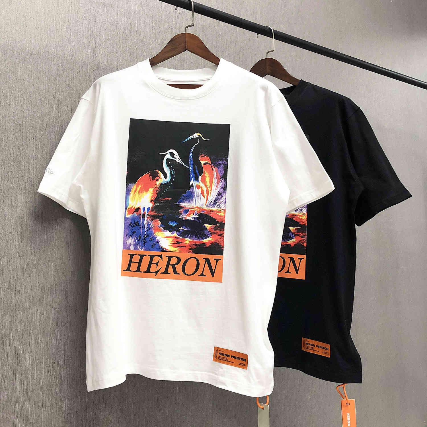 

Preston Heron High version high street fashion brand crane 20fw night heron short sleeve lovers loose t-shirt men, White;black