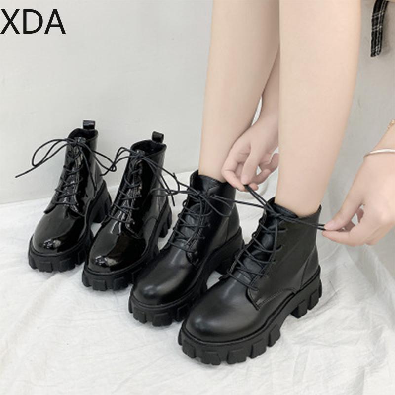 

Ankle Boots Platform Women's Shoes Bouttine Leather Female Women Drop Center Chunky Tennis Woman Lolita Lace Up Footwear, Black