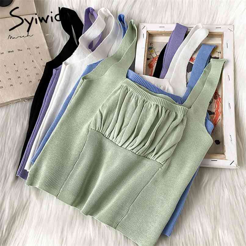 

Knitted Folds Camis Women Square Collar Screw Thread Tops Casual Sexy Tank Summer Fashion Short Clothing 210607, Black