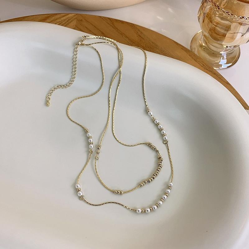 

Pendant Necklaces VSnow Double-Layer Asymmetry Gold Color Metal Beaded Chokers Necklace For Women Simple Freshwater Pearl Chain Jewellery