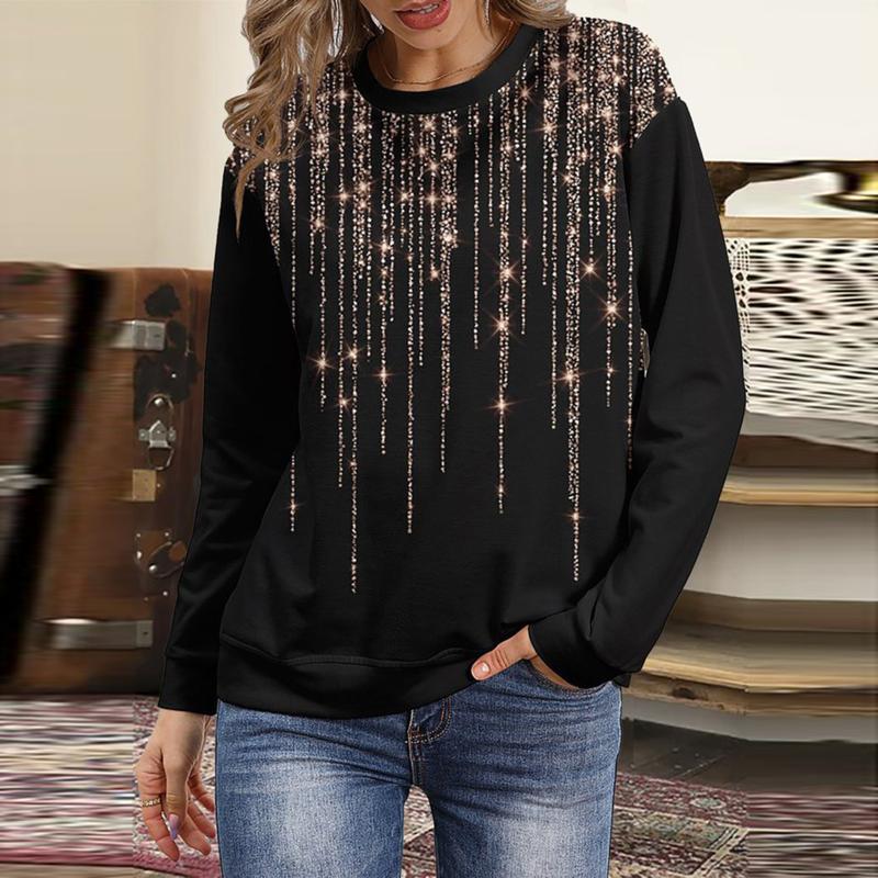 

Women's Hoodies & Sweatshirts Shinny Glitter Hoodie Ladies Long Sleeve Loose Casual Round Neck Print Women Sweatshirt Harajuku Plus Size Top, Black
